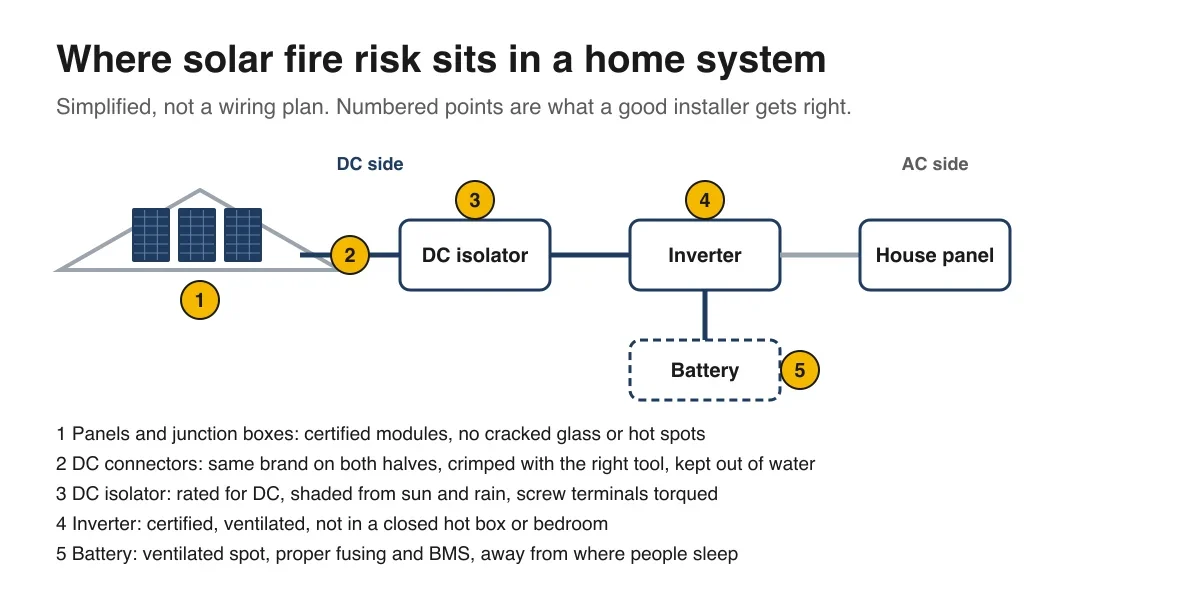 Simplified diagram of a home solar system: panels on the roof connect through DC connectors to a DC isolator, then the inverter, then the house panel, with a battery off the inverter. Five numbered points: 1 panels and junction boxes, 2 DC connectors, 3 DC isolator, 4 inverter, 5 battery.